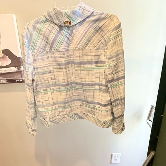 St John Cream/Teal/Blue Watercolor Plaid Gold Zip Jacket Size Large $425 - Picture 10 of 13